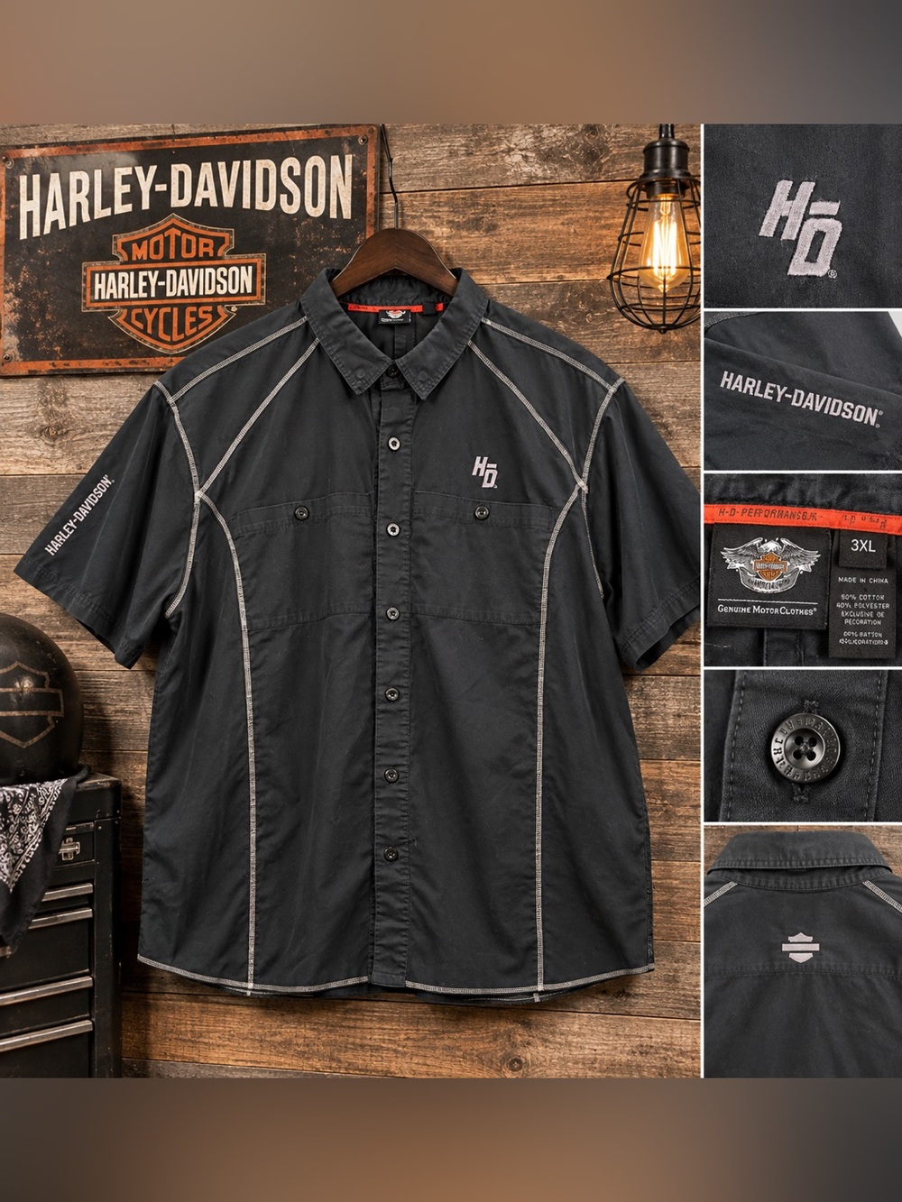 Harley Davidson H-D Performance Shirt Mens 3XL Black Button Up Biker